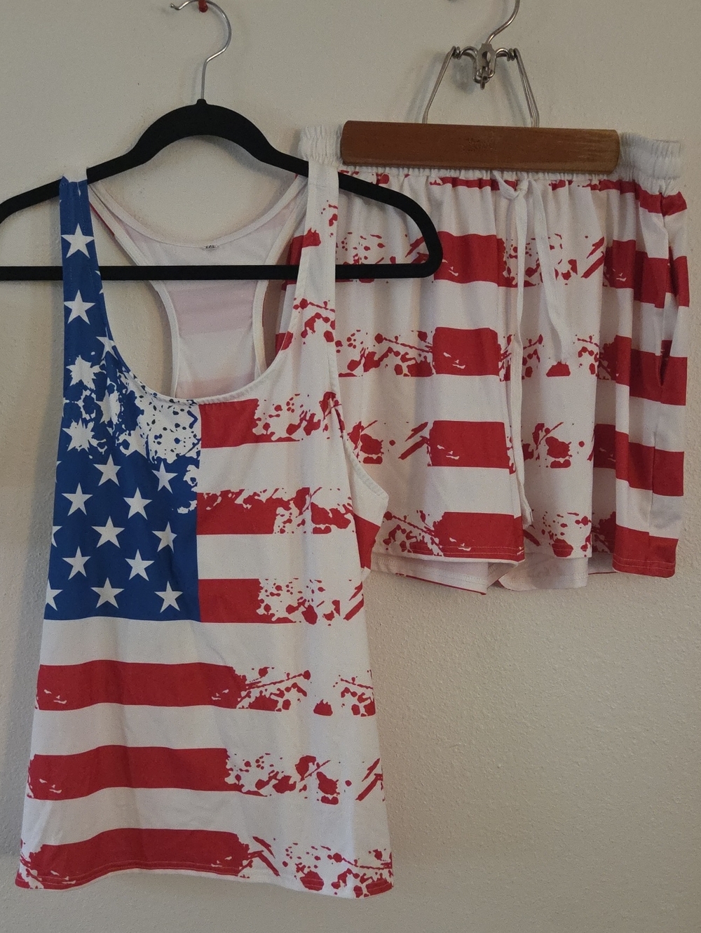 USA Flag Print Tank Top & Shorts Set - Red, White & Blue